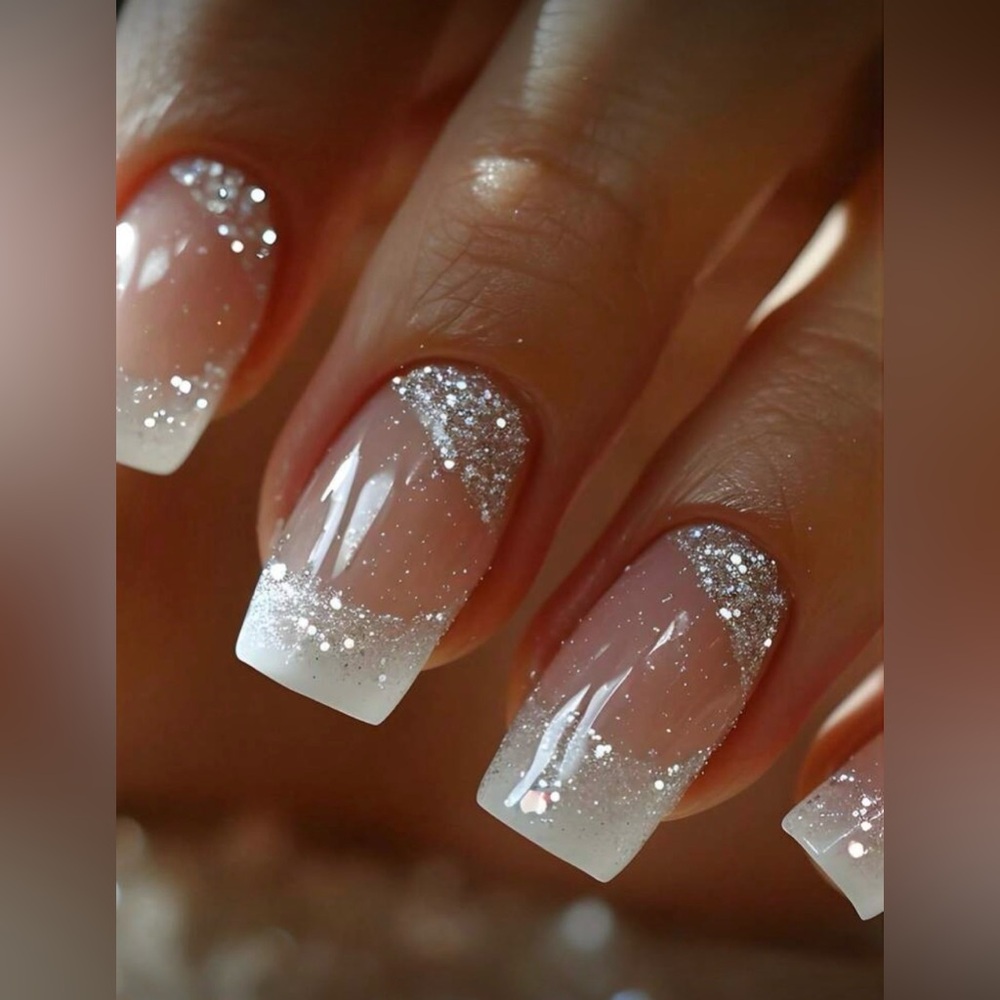 Traditional French Tips Silver Glitter Square PressOn Nails Kit 24 piece set New